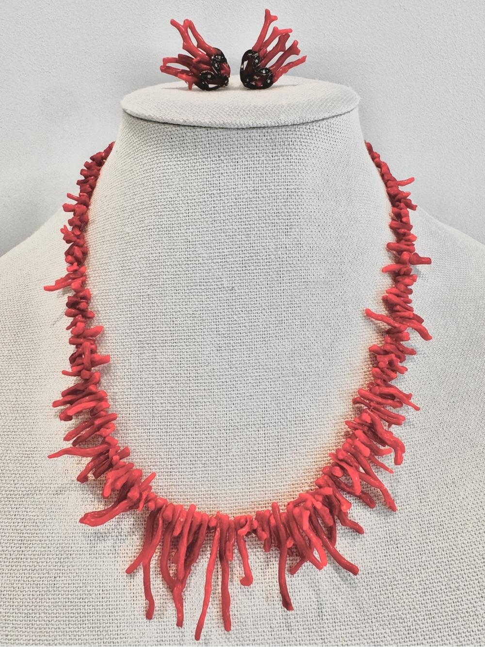 Vintage Natural Red Coral branch Necklace & Matching Coral & Marcasite Earrings